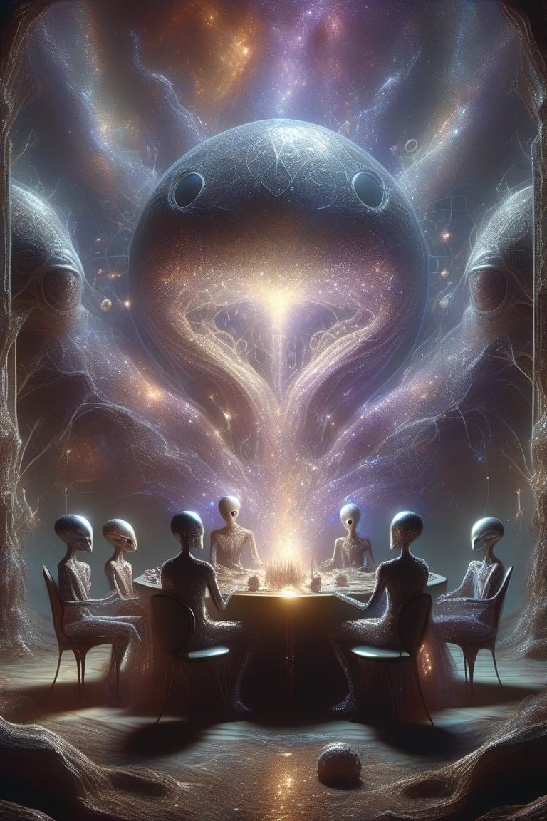 In a dimly lit, intricately decorated chamber on the astral plain, four extraterrestrial beings gather around a glowing table. Their iridescent, metallic bodies reflect the soft light of the setting, casting an ethereal glow on their playing hands. The creatures' large heads and bulbous brains seem to hum with excitement as they engage in a heated game of mahjong. One alien's long fingers deftly manipulate the tiles, while its companions eagerly await the outcome. Amidst the cosmic web of glittering lights and shadows, the group's camaraderie shines brighter than their shimmering attire.