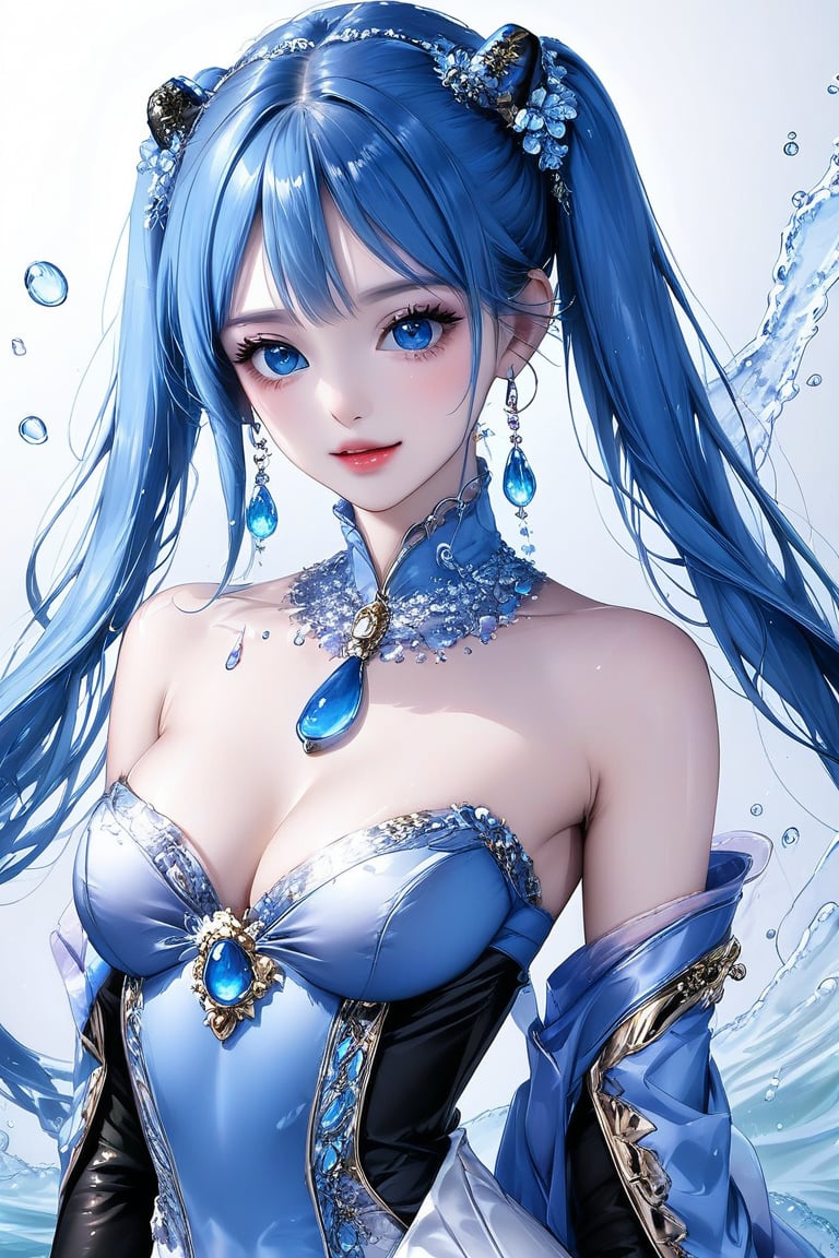 Beautiful girl. She is very badass, she wears a very luxurious outfit. detailed image, detailed skin, upper body, looking at viewer, hime cut. Blue hair, blue eyes. White background, water drop, ((masterpiece: 1.2)), light particles, ink droplets in background, Anime style.