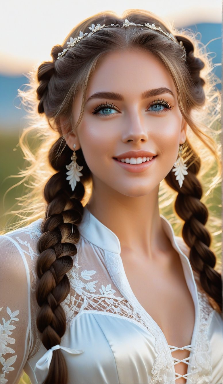 Close-up, young girl with light blue eyes, long thick eyelashes, she looks like 18-year-old Phoebe Keys with messy hair, full body shot, wearing satin pants, standing, wearing beautiful white Dressed in mesh and lace, she danced to the music and looked very happy. There are also braids of lilies all over the sky, which are extremely beautiful. High quality. Modifiers: Alphonse Mucha, boris valejo dedecent illustration, Anne Boonchuy, art_booster, BlackworkStyleManityro, WOWAI, Expressiveh, Apoloniasxmasbox