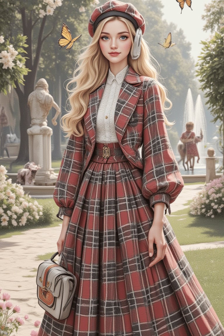 Close-up of 18-year-old Elfanny with light blue eyes and long thick eyelashes, wearing a Scottish plaid suit with a long-sleeved short top and white lace top, paired with a plaid pleated skirt. She carries a small Chanel backpack, a beret, and headphones, swaying gracefully in a beautiful fountain park filled with flowers, trees, and grass, with butterflies flying overhead. She smiles happily, illuminated by light and shadow. High-quality, detailed illustration inspired by Alphonse Mucha, Boris Valejo, Anne Boonchuy, art_booster, BlackworkStyleManityro, WOWAI, Expressiveh, and Apoloniasxmasbox.