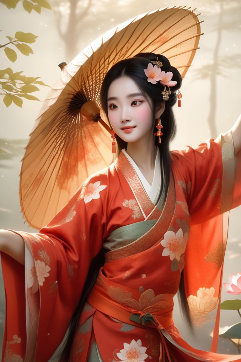 Close-up of a stunningly beautiful girl, Chinese Han Dynasty girl, with big eyes and long eyelashes that make her eyes more lively and beautiful, wearing Han Dynasty clothes and hairstyle, with stunning black hair and long She has thick eyelashes and holds a delicate bouquet of lotus flowers on her fingers. When she looked directly at the audience, she smiled. Her whole body exuded an otherworldly light, and every contour and object on her body seemed to be illuminated by light and sparkle. She couldn't help but dance a dance taught by her grandma at home in ancient times. It was very elegant and soft. After dancing, she took the paper umbrella and prepared to go back. In the quiet atmosphere of the summer night, the trees were tall and the river flowed quietly. Nocturnal creatures serenade them with their gentle chirps and croaks, and our protagonist acts like a lovely beacon. In Vadimka's new style, every detail has been carefully crafted to create a realistic style that exudes elegance and wonder. (Masterpiece 1.2, 8K) Depth of field.,source_furry,score_5_up,score_6_up,score_7_up,score_8_up,score_9,han fu