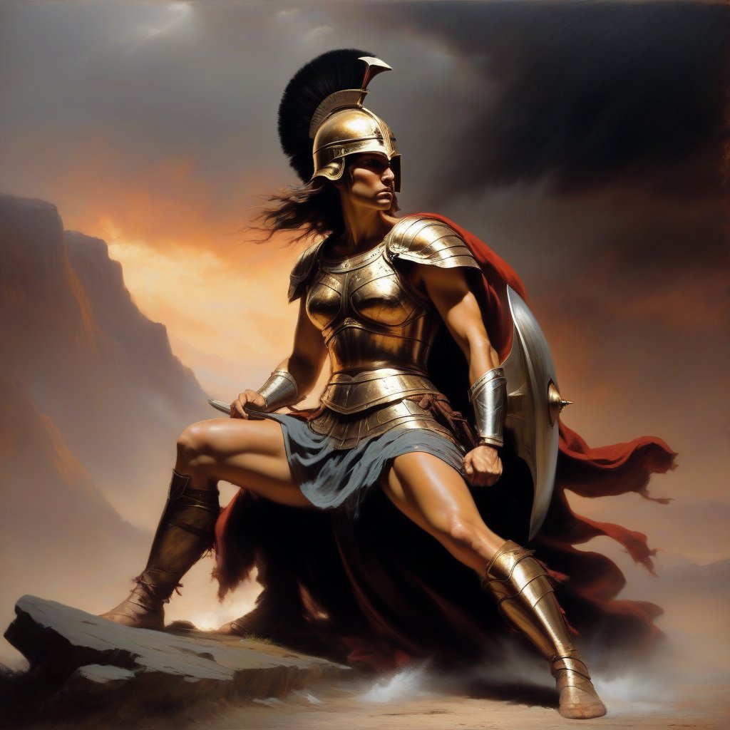 Oil painting in the style of Frank Frazetta, depicting a super sexy Queen Leonidas at Thermopylae, wounded and kneeling, clutching a broken spear with a shield resting on the ground. The stormy, fiery sky background intensifies the scene, casting dramatic shadows and highlighting her battle-worn form. Her expression is fierce yet vulnerable, capturing the essence of her struggle. The composition is dynamic, with the broken spear and shield adding to the narrative of her heroic defiance. The painting captures the raw emotion and intensity of the moment, making it a powerful and evocative portrait.