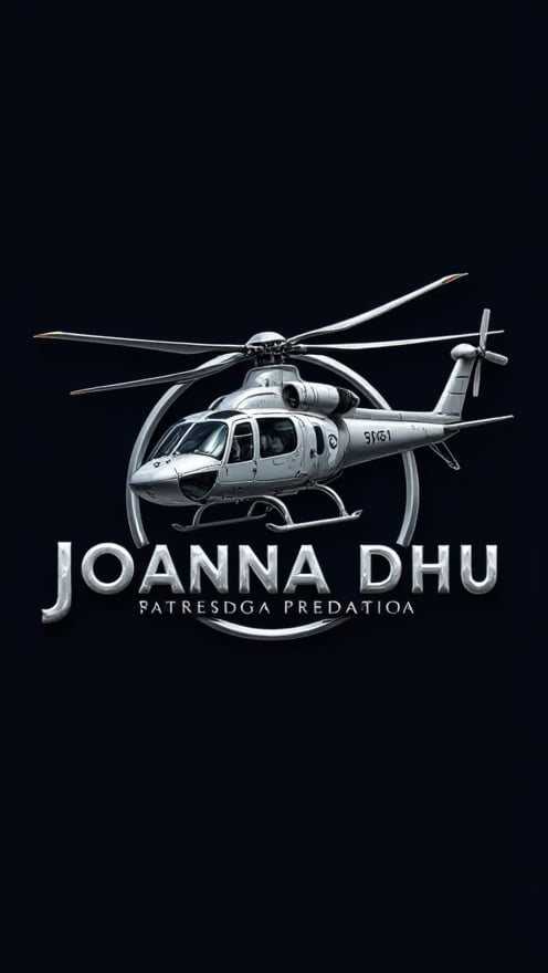 Logo badge. Design a modern and stylish logo with the attack helicopter Longbow Apache at its core. The attack helicopter Apache Longbow should be stylized and dynamic, capturing the essence of speed and adventure. An elegant silver frame surrounds the attack helicopter Longbow Apache to accentuate its styling. Below or integrated with the Attack Helicopter Longbow Apache, add the text "Joanna Dhu" in a bold and stylish font that complements the overall design. The color scheme should resonate with luxury, using silver prominently, and using contrasting colors to enhance visual appeal