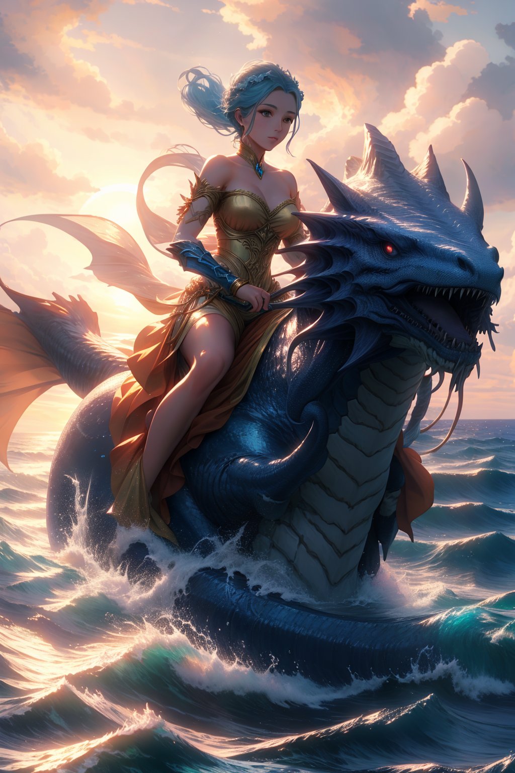 A stunningly beautiful woman with an air of elegance, riding astride a mythical Leviathan creature. The scene is set in a vast, shimmering ocean, with the sun setting in the background, casting a golden glow over the water. The Leviathan, with its massive, serpentine body, glides gracefully through the waves. The woman, dressed in a flowing, regal outfit, holds onto the creature with confidence and poise. The composition focuses on the dynamic interaction between the rider and the mythical beast, framed with the expansive ocean and the dramatic sunset lighting.