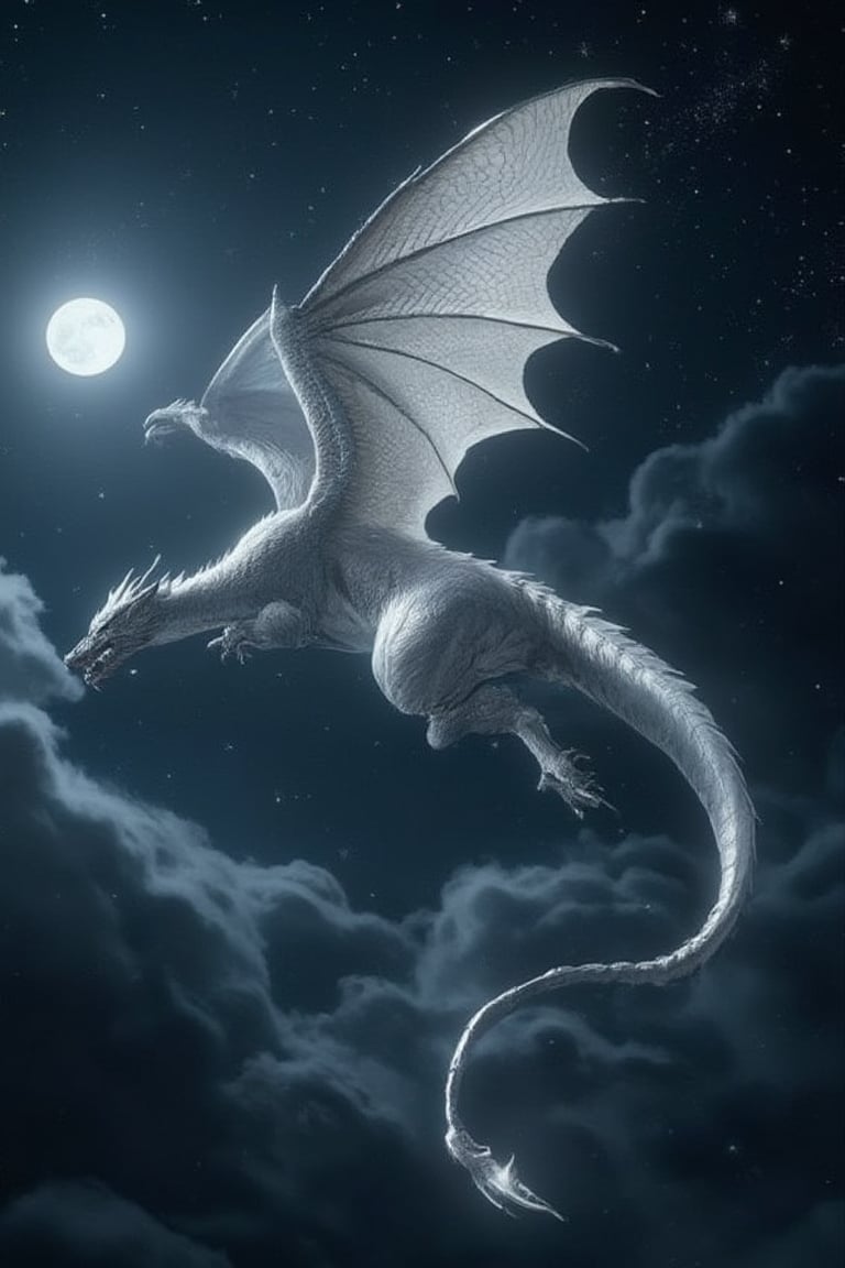 A silver-scaled dragon soars in the moonlight, its long and sinuous body and outstretched wings flying through the midnight stars. Moonlight highlights the intricate patterns on its scales, hinting at its ancient and dangerous nature. AMD Art, a masterpiece.