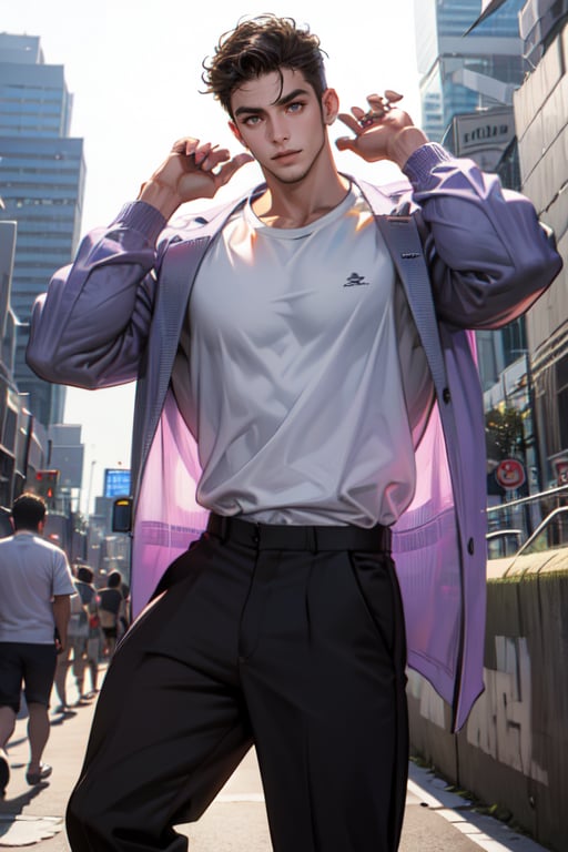 A boy faces the camera head-on, with thick eyebrows, large purple-brown eyes (eyelashes are very long and dense), and healthy wheat-colored skin. (See through) He has chest muscles, his hair color is purple and black (Change) His body proportion is 1:8, his clothes were changed to a white T-shirt and camouflage trousers. He tied a black jacket around his waist and wore basketball shoes. He is 183 cm tall and weighs 75 kg. He danced hip-hop in front of the 101 Building Square. The background is a distant view, the depth of field of the 101 Building in Taipei City (far view).
