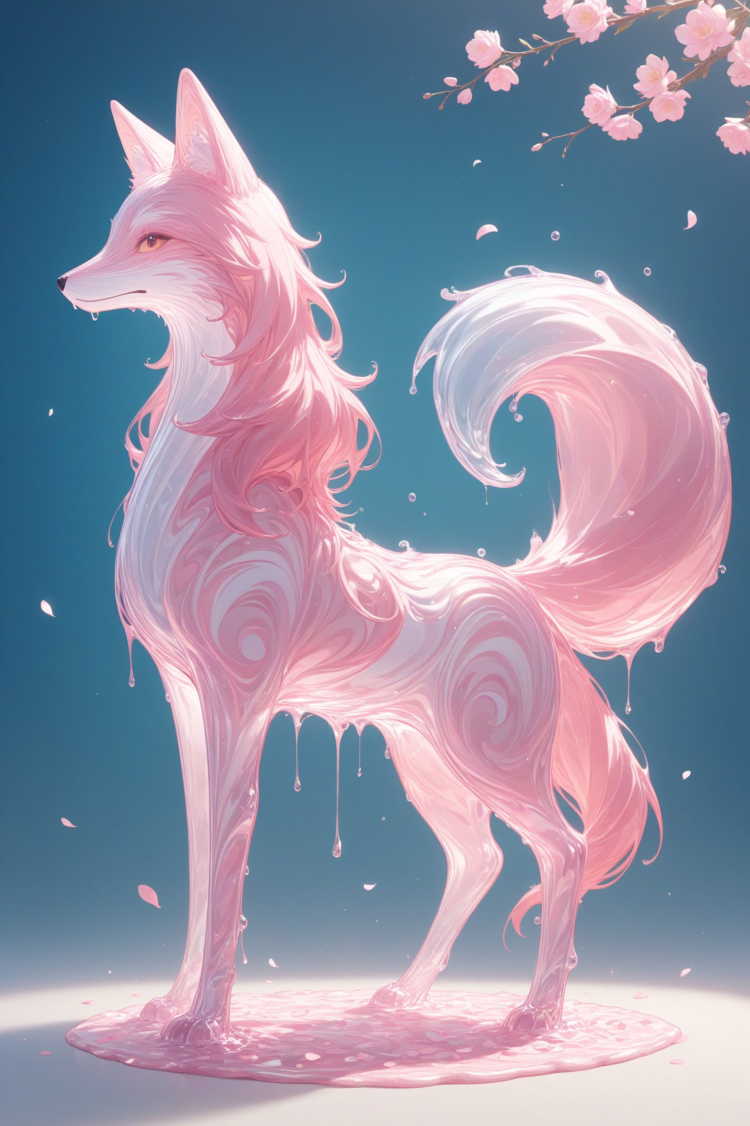 {Elegant crystal glass cello with beautiful curves filled with marbled pink and white liquid forming the shape of a fox. Foxes have fur and texture. Smooth animal silhouettes with wavy dynamic movement. Pastel petals float around the vase. }