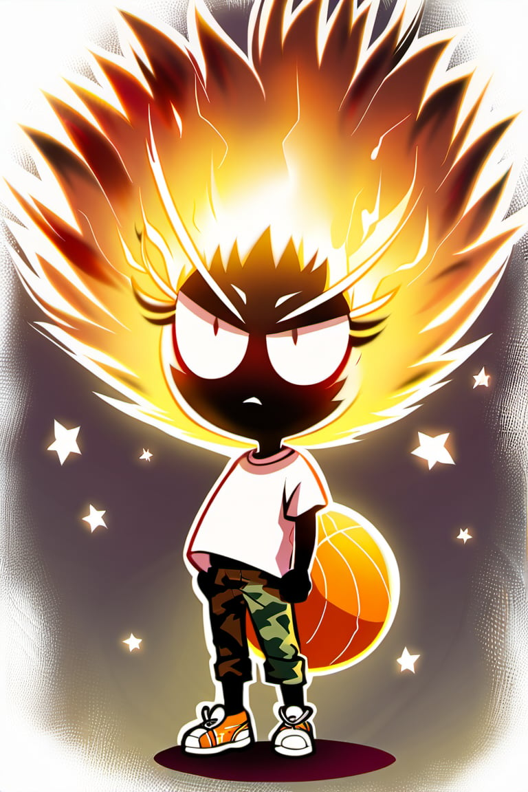 A young boy changed his face into a cartoon square shape and made his face look good. Face the camera from the front, with thick eyebrows, slender eyes (eyelashes are very long and dense), and healthy wheat-colored skin. The body proportion is 1:8, the clothes are changed to a white T-shirt, camouflage trousers, and basketball sneakers. He is 183 cm tall and weighs 75 kg. He has strong light and shadow. The background is light and space.

