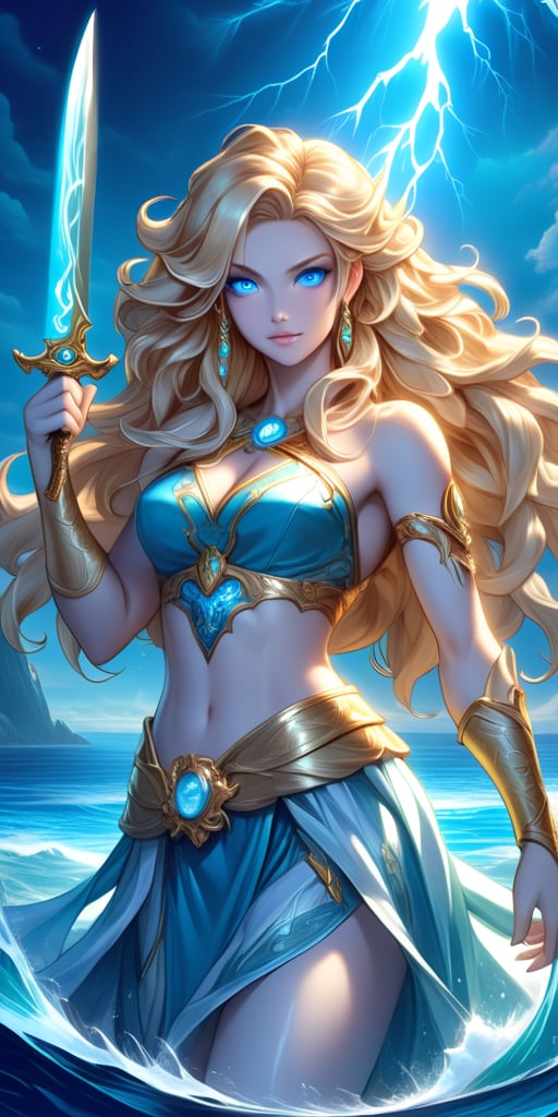 Styled by Yuumei, a beautiful pretty girl with sharp bright blue eyes and long eyelashes. She is dressed like: Daofeng Baby (Legend of the Ocean), a character from the Legend Duel mobile game. Holding a long lightning-shaped knife (the long knife is like the Greek god Zeus's weapon lightning), her beautiful long wavy golden hair is naturally scattered. She dances well with the knife. She is a natural winner on the battlefield. It is beautiful and has good knife skills. All the details are very detailed and the knife is shiny. It is made in an anime style with some colorful mixed colors and a masterpiece of marine color series.,enhance,art,wallpaper,fantasy,concept,magic