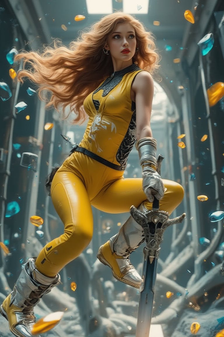 The ultra-energetic and fast-paced photo shows a stunning European woman posing in intense action. She kicked one foot to the side and stabilized her body with the other foot. She held a large sword with a fashionable design in her hand. The hilt was black and gold, and the sword body was shining with silver. Her long and elegant golden silk-like curls The wavy hair is dramatically swept back, giving the impression of movement and intensity. She wore a futuristic sleeveless bodysuit with black and silver accents, a high collar and a circular emblem on the chest. The outfit includes fitted shiny yellow pants with silver side panels, and knee-high silver platform boots with yellow soles. She wore white gloves with black and gold detailing and lipstick. The background is an area that resembles a mechanical enclosed space facility, with floating colored glass shards and colored crystal-like structures scattered throughout, enhancing the sense of movement and energy. The words "Joanna" and "Tensor" are clearly visible in white letters on the top of her outfit. The lighting is bright and even, with high contrast and vibrant saturation highlighting the subject's features and clothing details. The overall composition is centered and balanced, and professional-grade movie lighting emphasizes the futuristic and dynamic nature of the scene. Rococo art.