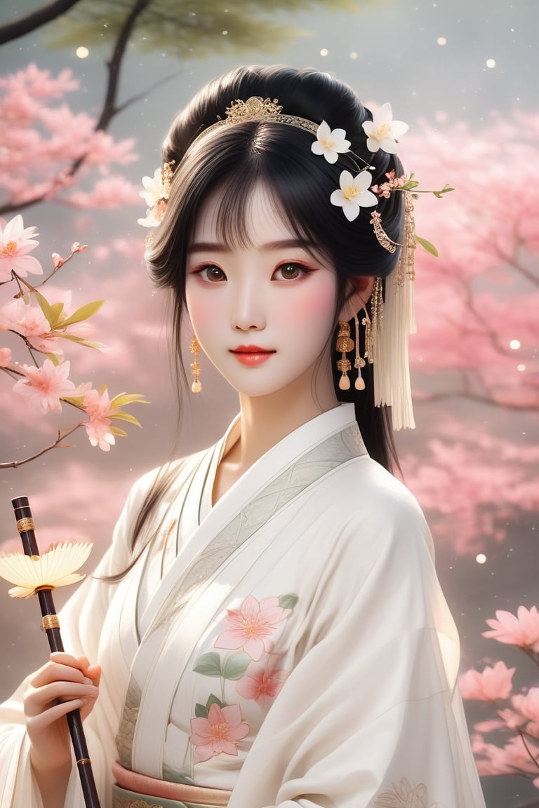 Close-up of a stunningly beautiful girl, Chinese Han Dynasty girl, with big eyes and long eyelashes that make her eyes more lively and beautiful, wearing Han Dynasty clothes and hairstyle, with stunning black hair and long Thick eyelashes, holding a delicate bouquet of jasmine flowers on her fingers. When she looked directly at the audience, she smiled. Her whole body exuded an otherworldly light, and every contour and object on her body seemed to be illuminated by light and sparkle. She couldn't help but play the musical instrument ((flute)) on the spot, which was very elegant and soft. After dancing, she took the paper umbrella and prepared to go back. In the quiet atmosphere of the summer night, the trees were tall, the river flowed quietly, and nocturnal creatures used it. Serenading them with gentle chirps and croaks, our protagonist is like a beacon of loveliness. In Vadimka's new style, every detail has been carefully crafted to create a realistic style that exudes elegance and wonder. (Masterpiece 1.2, 8K) Depth of field.,source_furry,score_5_up,score_6_up,score_7_up,score_8_up,score_9,han fu