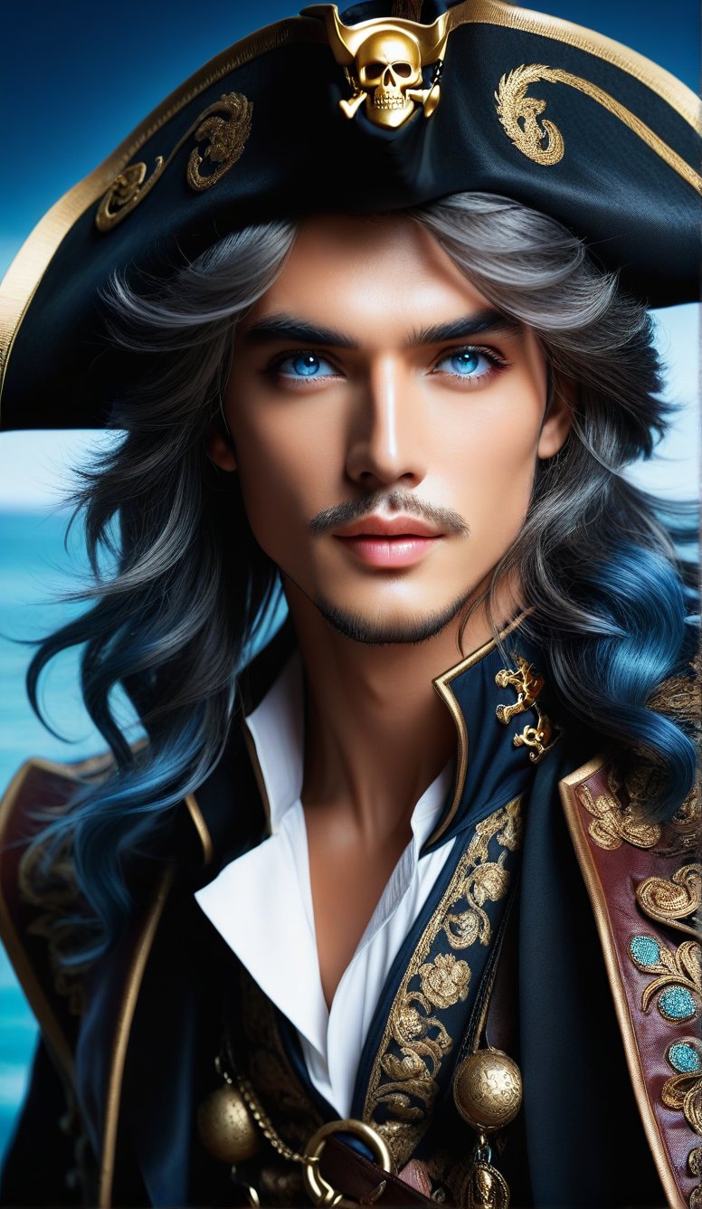 Close-up, man gray-blue eyes, long thick eyelashes, He looks like an 18-year-old 阿諾史瓦辛苦 wearing pirate clothes from The Legend of the Devil, long legs, standing, dancing, Very dynamic rhythm. Wearing your own clothes is amazing. Modifiers: Alphonse Mucha, boris valejo dedecent illustration, Anne Boonchuy, art_booster, BlackworkStyleManityro, WOWAI, Expressiveh, Apoloniasxmasbox