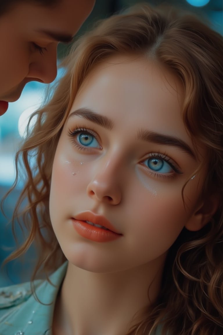 Close-up of a girl with big blue eyes, tears falling like pearls, crying over a breakup. She sobs, You are sorry for me, why do you do this to me? Her long curly brown hair and fair skin accentuate her beauty. The sad atmosphere in the bustling coffee shop draws the attention of men around her. The handsome young boss gently pats her, offering comfort. She looks up, saying, Thank you, as their eyes meet, hinting at the start of a new romance. Masterpiece, official art.