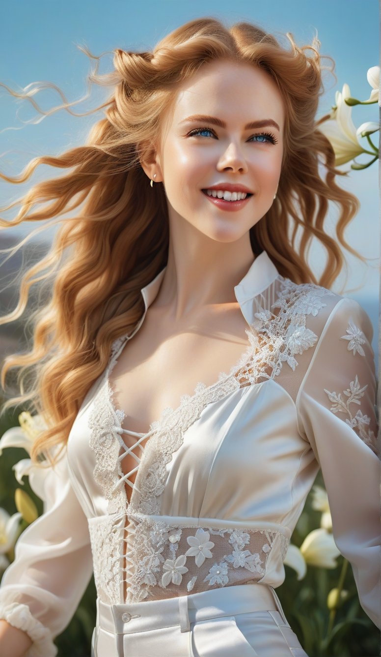 Close-up, young girl with light blue eyes, long thick eyelashes, she looks like 18-year-old Nicole Kidman, with messy hair, full body shot, wearing satin pants, standing, wearing beautiful white Dressed in mesh and lace, she danced to the music and looked very happy. There are also braids of lilies all over the sky, which are extremely beautiful. High quality. Modifiers: Alphonse Mucha, boris valejo dedecent illustration, Anne Boonchuy, art_booster, BlackworkStyleManityro, WOWAI, Expressiveh, Apoloniasxmasbox