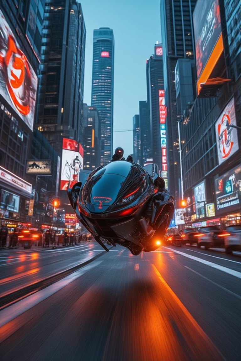 Low-angle shot, dynamic view: Futuristic hoverbikes race through a neon-lit city at breakneck speeds, dodging traffic as they engage in a high-tech pursuit.