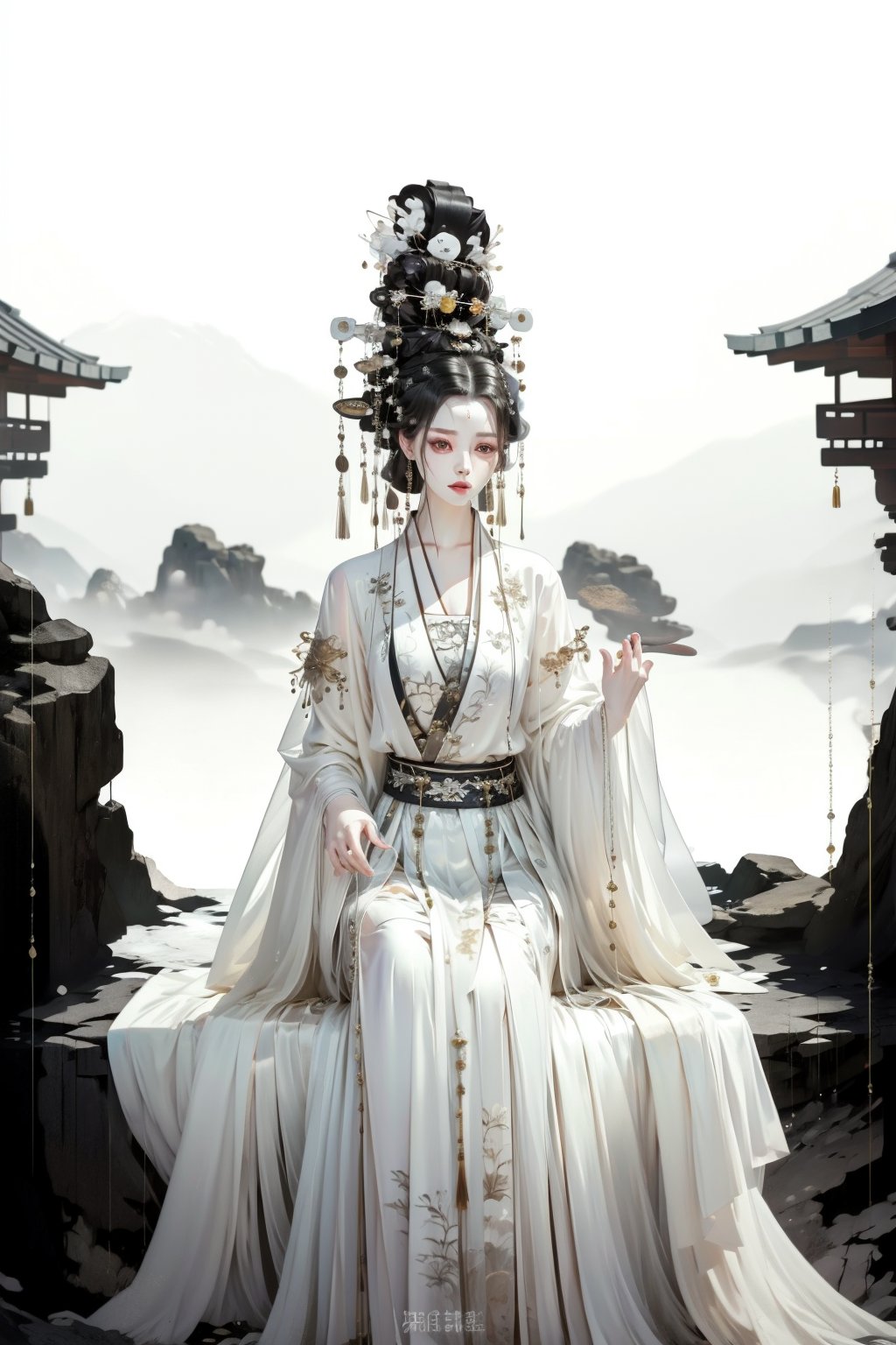 Under the ancient tree of the Han Dynasty, stood a beautiful woman with long black hair wearing Han costumes and a lily bun. Holding a pipa, a musical instrument from the Han Dynasty, she looked up at the crescent moon in the night sky with a smile, creating a mysterious atmosphere. The scene features contrasting lighting that highlights her stunning features and the peaceful expression on her face as she contemplates joy. The composition allows her to pose in cute and funny poses of joy, anger, sadness, and joy. The moon, ancient trees, ancient houses, ancient wells, ancient gardens, and ancient swings become the dramatic background. light and shadow. Ink design.,playing instrument, playing guzheng, hanfu,myhanfu