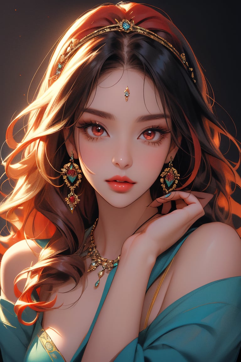 (Best Quality, 8k, Masterpiece, UHD Best Ratio), High Resolution, Sharp Focus, Absurd, Beautiful Delicate Blonde Hair, Exquisite Beautiful Turquoise Bright Detailed Eyes, Long and Thick Eyelashes, Portrait, Full body, RAW, photoshop)), 1 girl, hypnotic young woman wearing an intricate headdress made of flowers and various jewelry, glittering, sparkling, shiny, shiny, (very long shiny hair, Silky long air-perm curly hair, increasing the elegance of the hair, changing the colorful hair, gradient hair, two-color hair, black hair, red hair: 1.3), (flash, gradient, gold and red eyes), large hoop earrings, jewelry, pairs Lips, ((red cheeks, extra long eyelashes, dark thick eyelashes), sharp black eyeliner, eye shadow, perfect makeup)), with various expressions, cute, sweet, shy, flirtatious, beautiful, seductive, charming, Hypnotic, captivating, captivating beauty, (dynamic pose, dynamic angle), looking at the viewer, beautiful hands, perfect hands, photographer's perspective, looking at the viewer, close-up, with a large eerie castle in the background, (((Detailed Landscape, detailed background)), (cinema lighting, special effects), glit3r, octane rendering, gigapixel, gyaru, tied shirt, light and shadow.