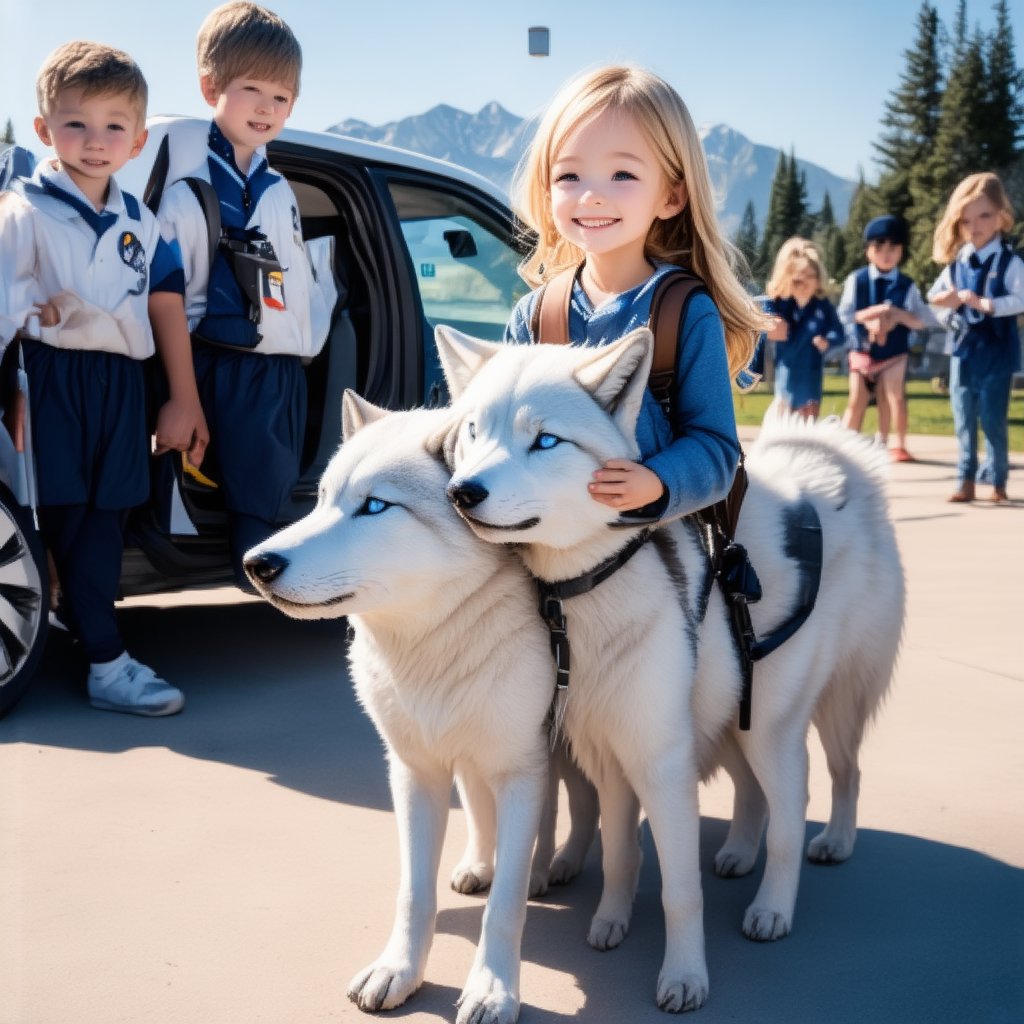 A serene image of a golden-haired, pale-skinned girl with two snow-white wolves, akin to her own alabaster skin, at a schoolyard after class. The girl beams with joy as the wolves greet her, while her classmates look on with apprehension. She reassures them with a gentle smile, clutching her backpack as she heads to a luxurious car, accompanied by the wolves. The scene captures the envy of several boys, their gazes fixed on the departing vehicle. The composition highlights the girl's unique life, filled with skills and societal expectations, yet she resists, only to be caught in a web of admiration and forced marriage, contemplating escape. The lighting is soft, emphasizing the contrast between her radiant presence and the shadows of her complex life, creating a visually stunning and emotionally charged masterpiece.