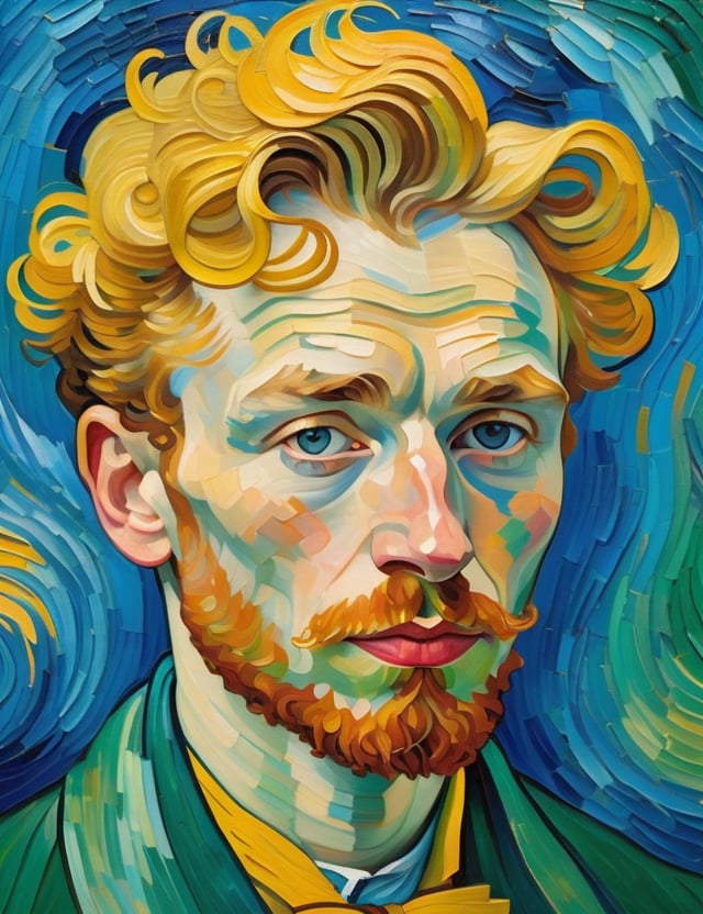 A close-up portrait of a 25-year-old Russian man with fair skin and short, curly blonde hair, front view, in the style of Vincent van Gogh, using a vibrant color palette of rich blues, deep yellows, and bold greens with Van Gogh's signature swirling, textured brushstrokes. Artists: Vincent van Gogh, Henri de Toulouse-Lautrec, Paul Gauguin.