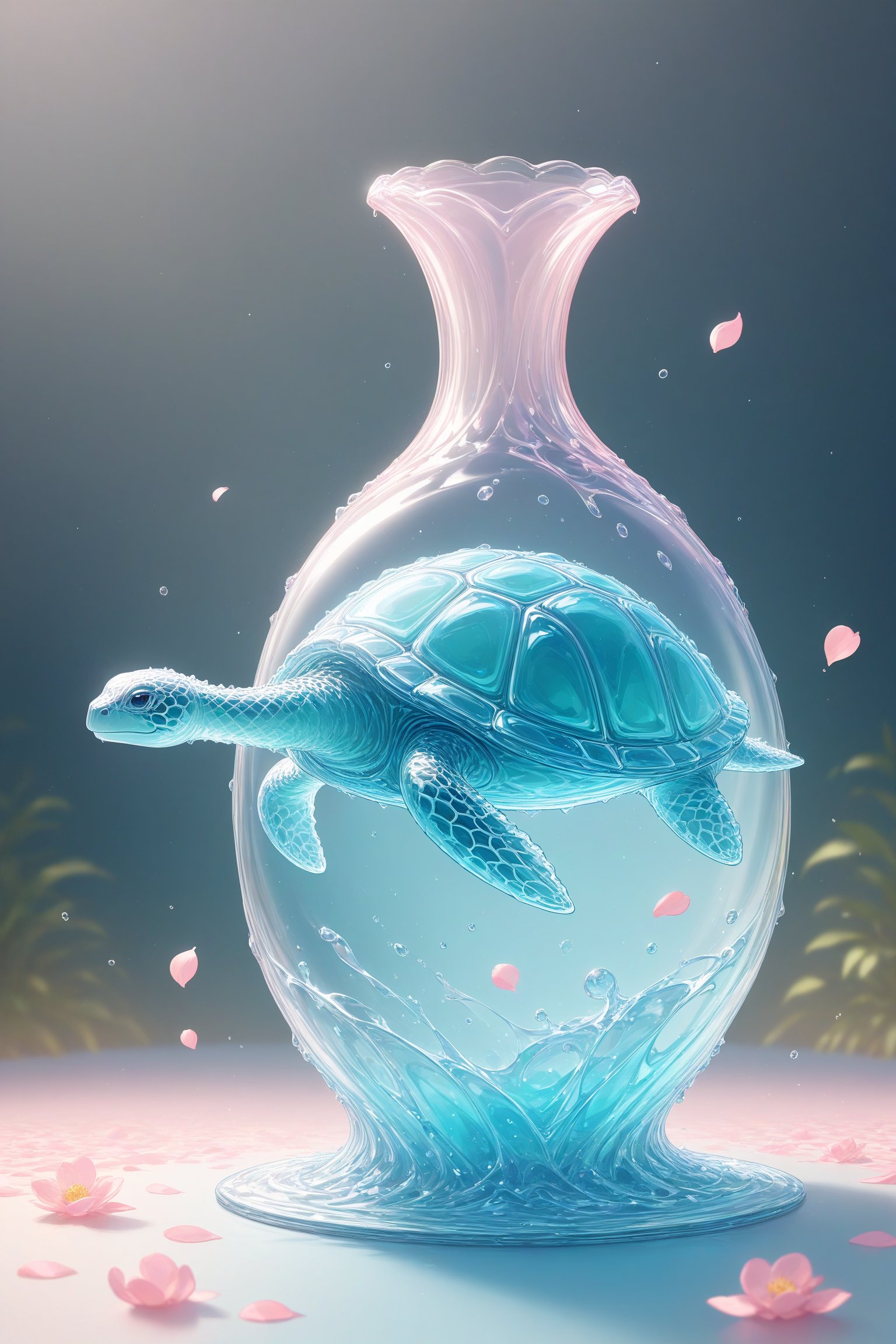 {Elegant crystal clear crystal glass turtle with graceful curves and full of marbled light green and pink and orange and white liquids (clear) forming the shape of Princess Cinderella. Turtle and texture. Smooth object contours and undulating dynamic motion. Pastel petals float around the vase. }