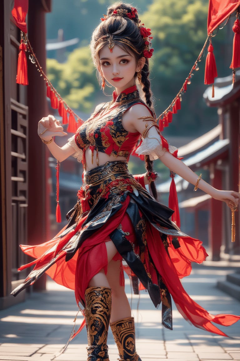 Best quality, 128K, high resolution, masterpiece:1.2, ultra detailed, (real:1.37), aboriginal girl, red and black harness, extremely white skin, long braided feathers, beautiful patterned shoes, accessories on arms, beautiful detailed eyes, beautiful detailed lips, national costume, traditional pattern, graceful dancing traditional dance, graceful and charming pose, subtle smile, bright colors, bokeh lighting, portrait.