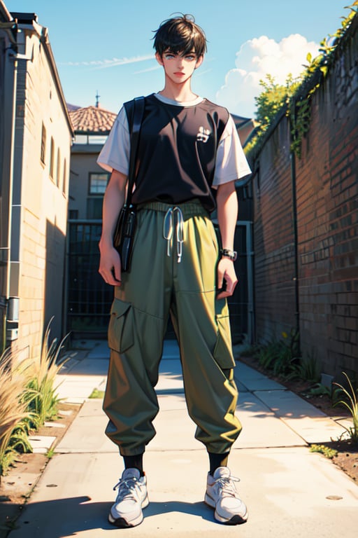 A young boy changed his face into a cartoon square shape and made his face look good. Face the camera from the front, with thick eyebrows, slender eyes (eyelashes are very long and dense), and healthy wheat-colored skin. The body proportion is 1:8, the clothes are changed to a white T-shirt, camouflage trousers, and basketball sneakers. He is 183 cm tall and weighs 75 kg. He has strong light and shadow. The background is light and space.

