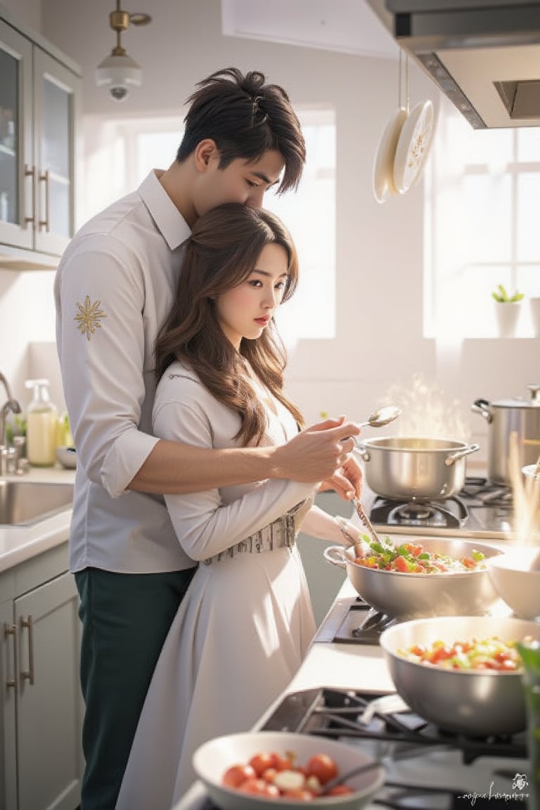 a digital painting depicts a man and a woman in a white dress, standing in a kitchen. The man is wearing a white button-down shirt and dark green pants, with a gold embroidery on the left side of his shirt. The woman, dressed in a long-sleeved white gown, is holding a spoon in her right hand, while the man's left hand is holding the spoon in his left hand. Both of the woman's arms are positioned in front of a silver pot on the stove. The stove is set against a white countertop, and there are several bowls of vegetables on the countertop. To the left of the stove, there is a sink with a silver faucet, and a white cabinet with silver handles. Above the counter top, there are three white plates hanging from the ceiling.