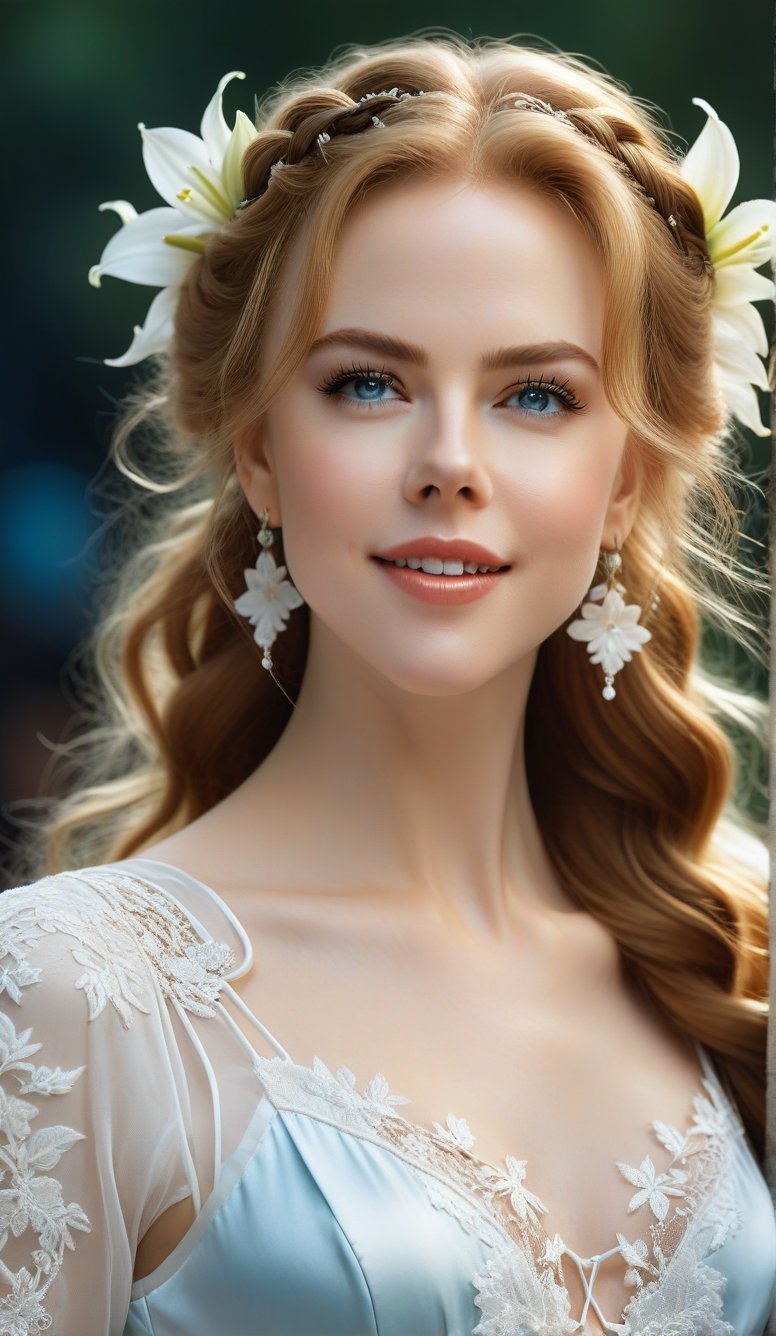 Close-up, young girl with light blue eyes, long thick eyelashes, she looks like 18-year-old Nicole Kidman, with messy hair, full body shot, wearing satin pants, standing, wearing beautiful white Dressed in mesh and lace, she danced to the music and looked very happy. There are also braids of lilies all over the sky, which are extremely beautiful. High quality. Modifiers: Alphonse Mucha, boris valejo dedecent illustration, Anne Boonchuy, art_booster, BlackworkStyleManityro, WOWAI, Expressiveh, Apoloniasxmasbox