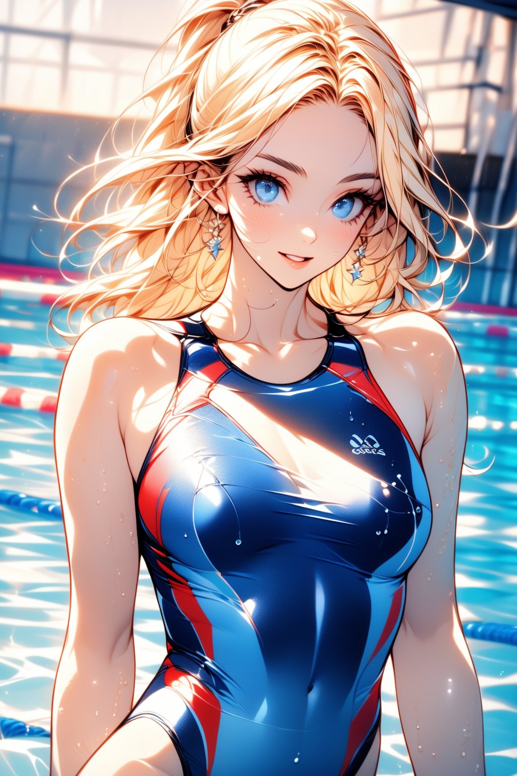 Masterpiece, dynamic swimming poses, best quality, super detailed, perfect anatomy, high detail, detailed background, beautiful face (big bright blue eyes with long eyelashes), girl, athletic body proportions 1:8, A beautiful face with perfectly proportioned facial features, a super detailed face, an oval face, and sexy lips with a slightly open mouth. Smiling, focused expression gazing at the viewer, long silky blond wavy hair tied back and shiny, wet hair combed back, blond hair tied into a ponytail, super detailed eyes, tarem, blue eyes, simple eyelids, Beautiful eyebrows, (eyelashes: 0.4), parted lips, focused gaze, (((Olympic swimming pool))), lane lines visible, {{{{start line background, intense action shot, mid-swim pose, arms stretched forward , competitive swimsuit, fashionable one-piece swimsuit, face goggles, }}} bright indoor lighting, water droplets on skin, dynamic angle, three-quarter view, perfect anatomy, 5 fingers, Please put the prompt words above Show it with game images. Super masterpiece. beautiful_female_fingers, streamlined hand position, motion blur, action lines, water splash, tanned skin, muscular shoulders and arms, score_9, score_8_up, score_7_up,