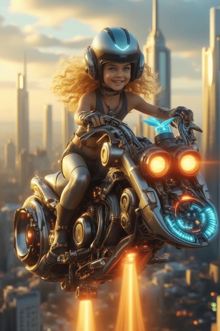 A beautiful young girl with perfect Western facial features, big blue eyes, long eyelashes, and long curly blond hair, wearing silver tights and a bank helmet, sits on a heavy motorcycle with propellers. The motorcycle, adorned with neon decorations, flies in the sky. She rides the motorcycle aircraft, looks at the camera, and smiles happily. The scene is set in a futuristic cityscape under the sun, with thrusters visible. The artwork is a Rococo-style masterpiece, showcasing future technology and sci-fi elements.