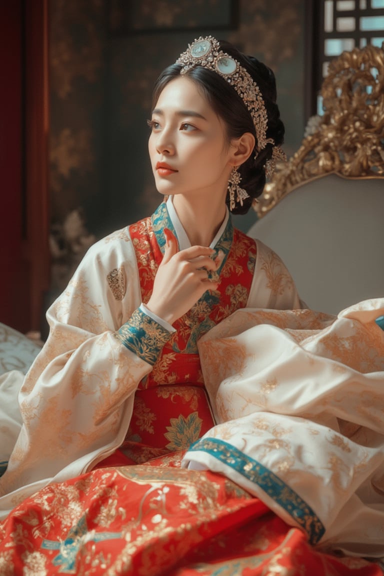 A beautiful and charming young princess from ancient Korea, unmarried, wears a hairband adorned with jewels and traditional Korean attire, simple yet elegant, with fine materials. She has earrings and bracelets, but her outfit is not as luxurious as the royal family's. To read Chinese books, she often dresses as a man, but her father brings her back. She enjoys reading romance novels, lounging on her bed, swinging her hands, and snacking on fruits and pastries. She feels like she's being sold and doesn't want to marry. Rococo art style.