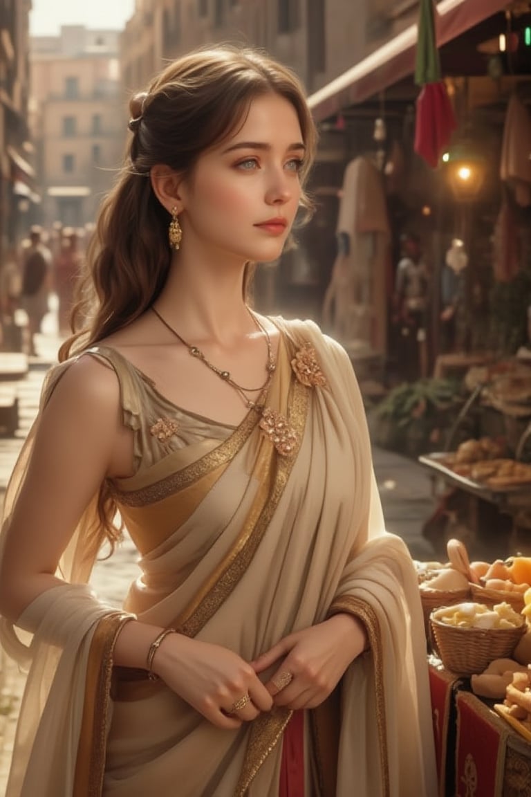 Stunning 8K CG masterpiece captures the essence of the bustling streets of ancient Rome. In the sun, in the light and shadow, a very beautiful woman with fair skin, long flowing hair as soft as silk, and exquisite, luxurious, and precious clothing poses in an authentic street stall. Her delicate face, smart eyes, long and thick eyelashes, and delicate nose are all displayed in detail. Her earrings, bracelets, gold bracelets, and rings seem to have come out of an art museum. Natural light gives her a beautiful glow, making her look even more beautiful. A delicate hand holds the vendor's goods, and her eyes seem to contain the secrets of this ancient city. Shadows dance precisely across the scene, adding depth and dimension to this ultra-detailed, realistic illustration.