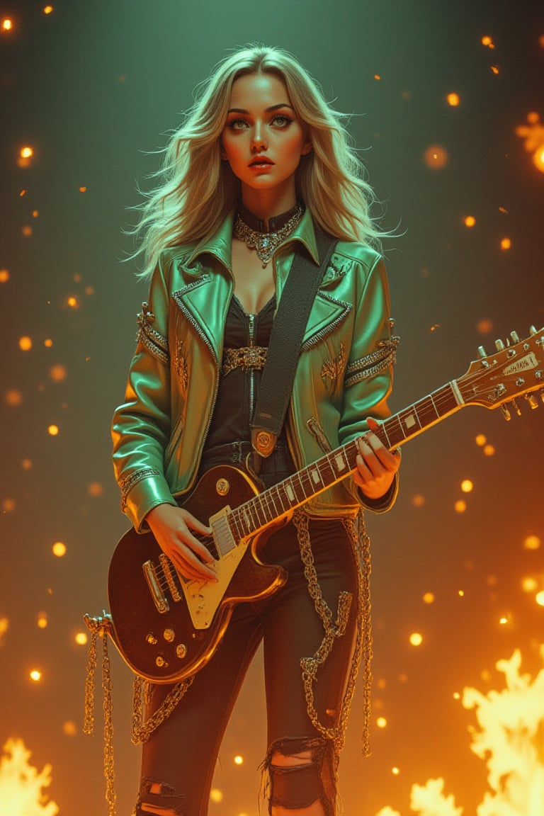 A stunning, ultra-detailed CG illustration of a fierce female rock star, wearing a light green bright leather jacket and ripped jeans, with dark eyeliner and pink lipstick. She stands tall, exuding a luxurious atmosphere, as she performs an epic guitar solo with her metal electric guitar, which is on fire. The cinematic lighting composition, looking up, showcases her powerful presence and optimal shadows, highlighting her extremely beautiful and detailed eyes, face, nose, and hands. This high-quality, photorealistic masterpiece captures the essence of a heavy metal, biker chick with chains and spikes, as she dominates the stage with her heavy music and fiery performance.