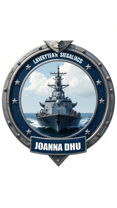 Logo badge. The design is a modern and fashionable logo with the American destroyer USS Jewart as its core. The destroyer Jewote should be stylized and dynamic, capturing the essence of speed and adventure. An elegant silver frame surrounds the destroyer USS Jewart and accentuates its shape. The text "Joanna Dhu" is added in a bold and stylish font below the destroyer Juvot or at the integration point, which complements the overall design. The color scheme should resonate with luxury, using silver prominently, and using contrasting colors to enhance visual appeal