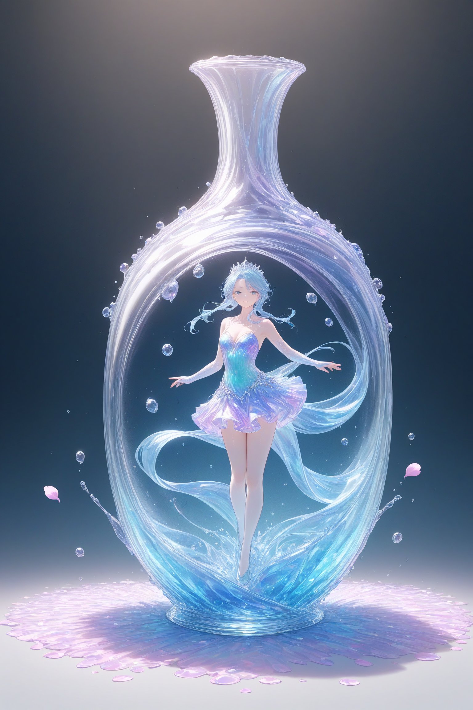 Elegant crystal clear crystal glass male prince with graceful curves and full of marbled iridescent and blue liquid (transparent) forming the shape of a female princess. Lion and texture. Smooth object contours and undulating dynamic motion. Pastel petals float around the vase. }