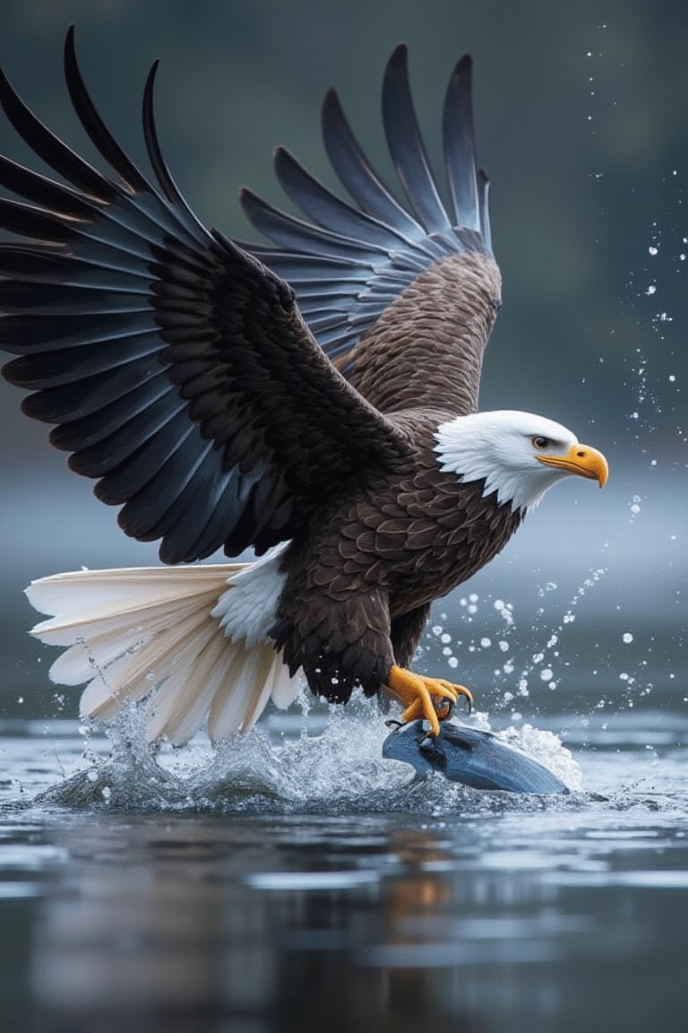 Close-up, 8K, RTX, official art of a Bald eagle flying in the air, spreading its big wings and diving towards a lake below. In an instant, its claws catch a leaping salmon, creating many splashes. The eagle holds on tightly, illuminated by light and shadow, fully expressing the beauty of strength. The scene captures the beauty of a miracle, with super high-quality cinematography, creating a masterpiece beyond reality.