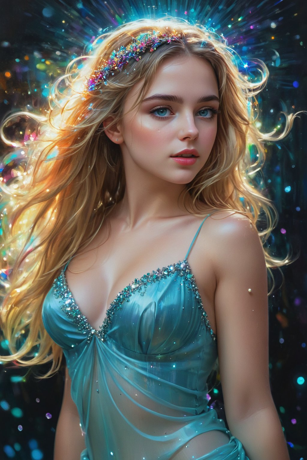 mj, RTX, 8k, HDR, best quality, cinematic story, (masterpiece), Andrey Atroshenko, Tanya Shatseva, Ross Tran, Anna Razumovskaya, art, realistic art, digital illustration, portrait, bright saturated colors, girl's turquoise eyes Big and lively, with long and dense eyelashes, the eyes seem to be able to speak and be lively, attracting the eyes of all viewers. And the beautiful long wavy hair, as golden as silk, flutters in the wind, showing extremely flamboyant beauty. Inappropriate. Stunning beauty. But the eyes of such a beauty kept weeping, and the tears fell all over the floor like crystal, beautiful and shiny pearls of a rainbow. The background is: beautiful midnight, the starry sky and the light of pearls reflect each other. Creates a beautiful colorful halo.
Digital art, light and shadow art are also integrated into all of them. Vivid narrative realism, art by Carne Griffiths and Wadim Kashin,full body.