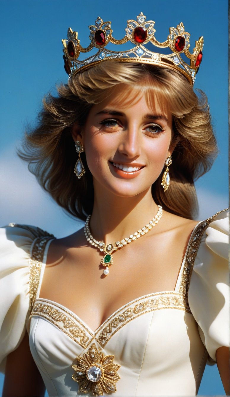 Close-up, the young girl has very beautiful big eyes and long thick eyelashes, she is the 20-year-old British Princess Diana, wearing a crown, full body shot, wearing a gorgeous princess dress, standing, she dances elegantly, She danced to the music, immersed in the charming music, and she smiled happily. There are also perfume lilies all over the sky, which is extremely beautiful. High quality. Modifiers: Alphonse Mucha, boris valejo dedecent illustration, Anne Boonchuy, art_booster, BlackworkStyleManityro, WOWAI, Expressiveh, Apoloniasxmasbox