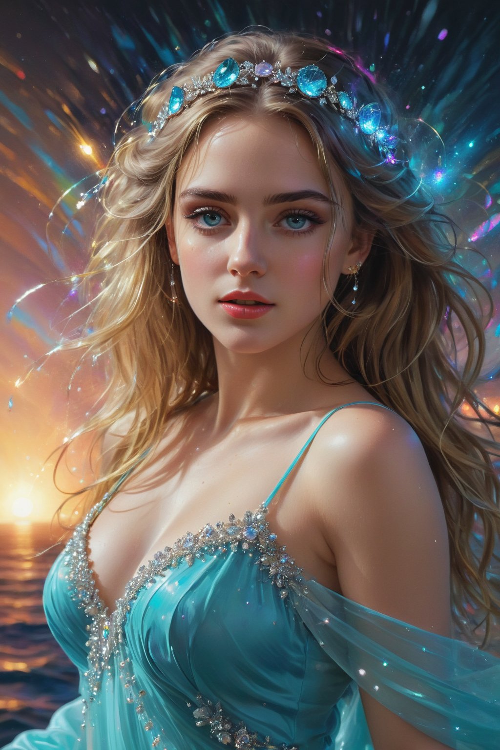 mj, RTX, 8k, HDR, best quality, cinematic story, (masterpiece), Andrey Atroshenko, Tanya Shatseva, Ross Tran, Anna Razumovskaya, art, realistic art, digital illustration, portrait, bright saturated colors, girl's turquoise eyes Big and lively, with long and dense eyelashes, the eyes seem to be able to speak and be lively, attracting the eyes of all viewers. And the beautiful long wavy hair, as golden as silk, flutters in the wind, showing extremely flamboyant beauty. Inappropriate. Stunning beauty. But the eyes of such a beauty kept weeping, and the tears fell all over the floor like crystal, beautiful and shiny pearls of a rainbow. The background is: beautiful midnight, the starry sky and the light of pearls reflect each other. Creates a beautiful colorful halo.
Digital art, light and shadow art are also integrated into all of them. Vivid narrative realism, art by Carne Griffiths and Wadim Kashin,full body.