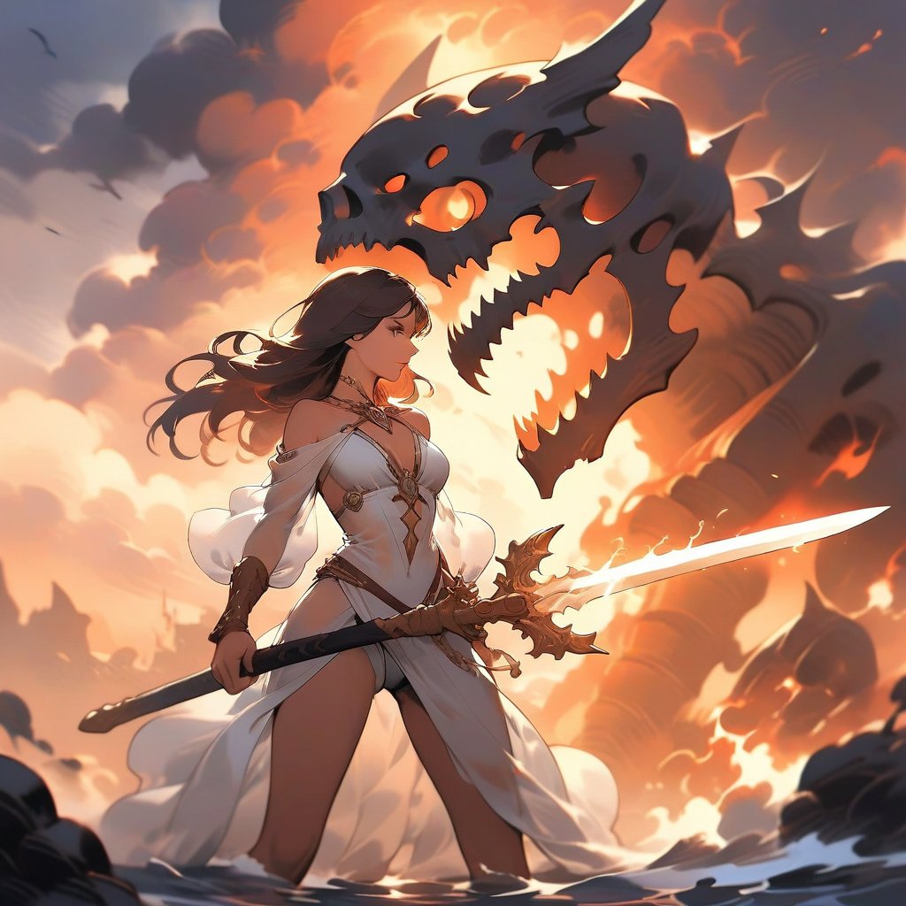 A Frank Frazetta-style oil painting depicting a super sexy Vestal woman in a white transparent tunic, wielding the Sword of Fire and Light as she battles a skeleton. The fiery sword illuminates the dark night, casting a dramatic glow on the scene. The stormy, fiery sky adds to the intensity of the battle, creating a powerful and captivating atmosphere. The portrait captures the woman's fierce determination and sensuality, as well as the intricate details of the skeleton and the fiery sword. The composition is both dynamic and evocative, making it a masterful and visually striking piece of art.