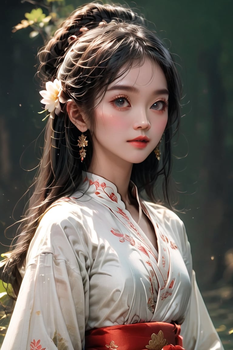 Close-up of a stunningly beautiful girl, Chinese Han Dynasty girl, with big eyes and long eyelashes that make her eyes more lively and beautiful, wearing Han Dynasty clothes and hairstyle, with stunning black hair and long She has thick eyelashes and holds a delicate bouquet of lotus flowers on her fingers. When she looked directly at the audience, she smiled. Her whole body exuded an otherworldly light, and every contour and object on her body seemed to be illuminated by light and sparkle. She couldn't help but dance an ancient dance taught by her grandmother at home. It was very elegant and soft. In the quiet atmosphere of summer night, the trees were tall, the river flowed quietly, and the nocturnal creatures sang to them with their gentle calls and croaks. Serenade, our protagonist is like a lovely beacon. In Vadimka's new style, every detail has been carefully crafted to create a realistic style that exudes elegance and wonder. (Masterpiece 1.2, 8K) Depth of field.
