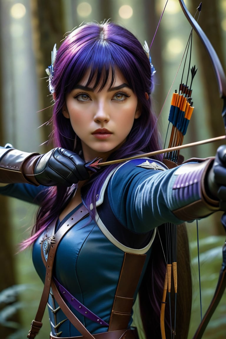 In a thrilling encounter, the beautiful archer draws his bow, and his dark blue long-lashed contact lenses aim at the viewer with sharp eyes and amazing momentum. The arrow glowed coldly as she prepared to fire at high speed. Dynamic camera angles from the front capture intense lighting, parallax motion blur, and ultra-detailed detail of her striking features: high nose, black leather gloves, long straight purple hair with blunt bangs. Her chest-to-chest composition shows off her vibrant white archery uniform against a warm cinematic forest background, illuminated by side and ambient light. The illustrations in the 8K artistic photography style are stunningly beautiful, with exquisite texture and lifelike details. They are called ultra-high-definition masterpieces.