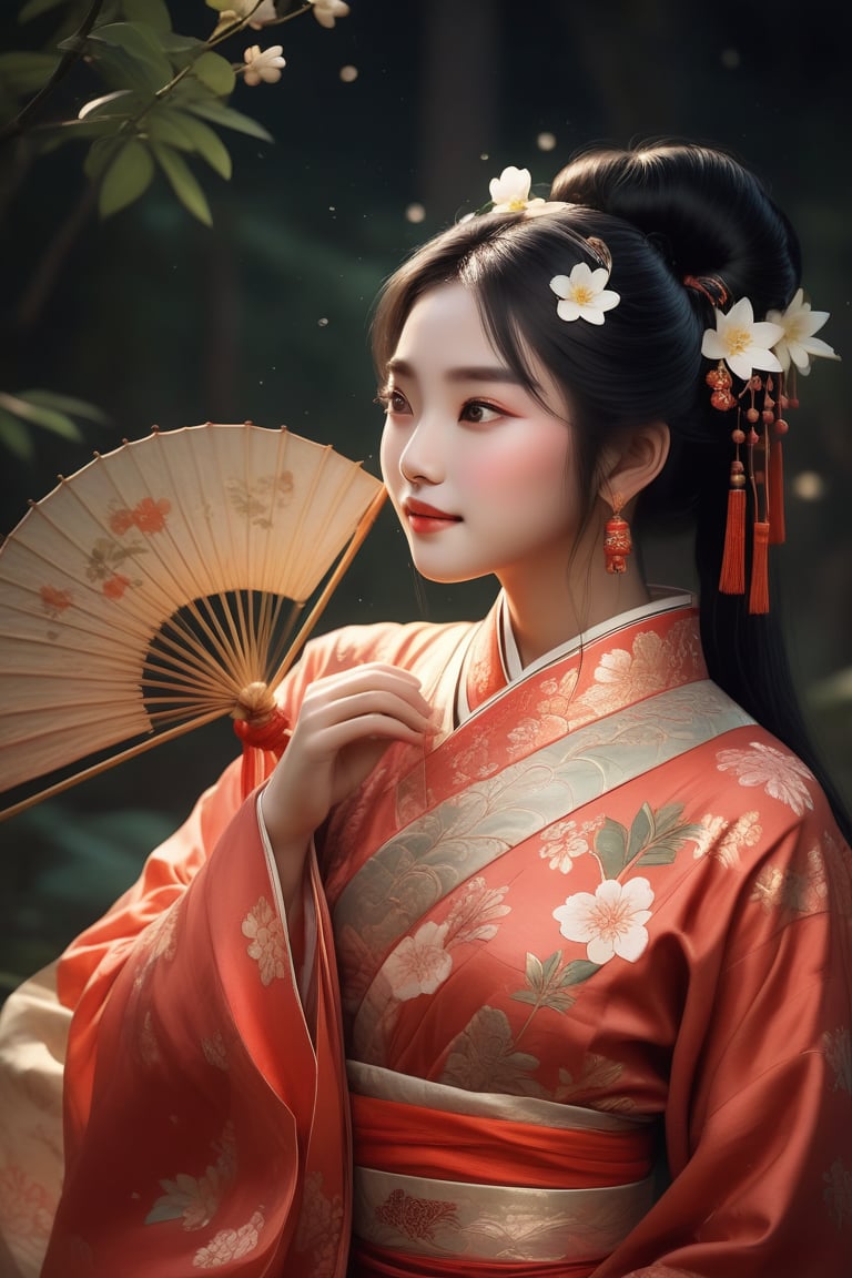 Close-up of a stunningly beautiful girl, Chinese Han Dynasty girl, with big eyes and long eyelashes that make her eyes more lively and beautiful, wearing Han Dynasty clothes and hairstyle, with stunning black hair and long Thick eyelashes, holding a delicate bouquet of jasmine flowers on her fingers. When she looked directly at the audience, she smiled. Her whole body exuded an otherworldly light, and every contour and object on her body seemed to be illuminated by light and sparkle. She couldn't help but dance a dance on the spot, which was very elegant and soft. After the dance, she took the paper umbrella and prepared to go back. In the quiet atmosphere of the summer night, the trees were tall, the rivers flowed quietly, and the nocturnal creatures sang and sang with their gentle calls. As croaks serenade them, our protagonist acts like a beacon of loveliness. In Vadimka's new style, every detail has been carefully crafted to create a realistic style that exudes elegance and wonder. (Masterpiece 1.2, 8K) Depth of field.,source_furry,score_5_up,score_6_up,score_7_up,score_8_up,score_9,han fu