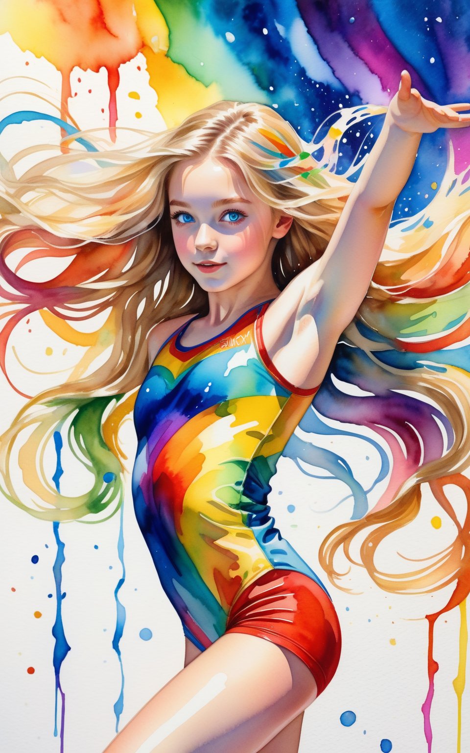 1 girl, 18 years old, solo, long hair, hairstyle with big wavy hair, looking at the audience, blond hair, big blue eyes with long and thick eyelashes, hair with big wavy hair, slightly raised mouth, girl wearing rainbow gymnastics suit, doing Olympic vaulting exercise. The background is made of colorful abstract paint. Watercolor, Rain by Daniel Gerhartz, DonMM1y4XL