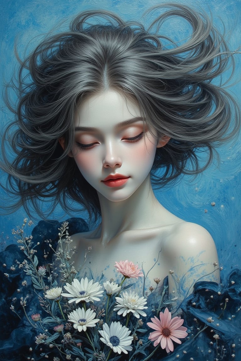 A vibrant oil masterpiece showcasing ethereal beauty, with flowing hair holding flowers to the chest. Soft tones of cerulean and slate gray swirl around her, as if the brushstrokes themselves are alive. The work is a symphony of abstract shapes that echo the styles of Beksinski, Pacheco, Sutherland, and Adams. Van Gogh's expressive brushstrokes imbue the work with an otherworldly essence, as if the fabric of reality is being manipulated on the canvas. The contrast between light and dark is intentional, drawing the viewer's attention to the subject's enigmatic smile.