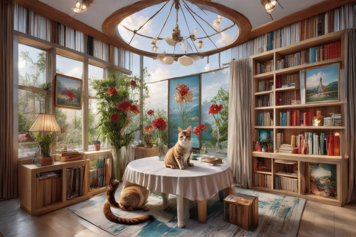 (simple background), a masterpiece of ultra-high quality, the bedroom features floor-to-ceiling crystal glass windows overlooking a garden with a variety of noble flower species, bathed in warm beige tones. The shelves in the room are filled with various and valuable ancient books, high-end painting supplies and canvases. The canvases have been painted. My boyfriend (he is a super beauty star in Korea) looked at the paintings and felt very good. While a noble cat sits at the table, surrounded by books and sketches, adding to the cozy atmosphere. In the background, you can see that all the decorations are very luxurious and the space is too large. There is a sports room and a painting room. There are five bedrooms and two bathrooms. All furniture prices start at one million RMB.
The exotic garden outside adds depth to the scene. The film's most outstanding cinematography. It is a masterpiece. light and shadow.