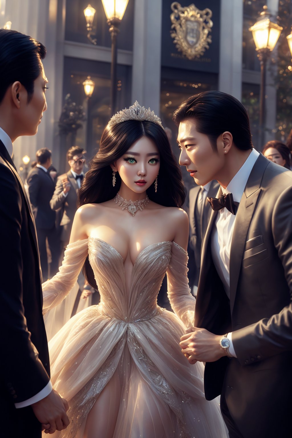 Envision a striking scene featuring a strikingly handsome tycoon stepping out of a luxurious, elongated Lincoln car to greet his stunning girlfriend, who is even more beautiful than the Korean star Kim Tae-hee. She possesses mesmerizing green eyes, long and thick lashes, and a perfect 1:8 head-to-body ratio, towering and exuding sensuality in her attire. The lighting is meticulously crafted to highlight the three-dimensional, ethereal beauty of both characters. The tycoon chivalrously takes her hand, preparing to escort her into the grand vehicle, as onlookers, mistaking them for A-list celebrities, shower them with attention and camera flashes. The background is bustling with a crowd of journalists and bystanders gathered outside a prestigious hotel, all eyes fixed on the glamorous couple. The composition is a masterful blend of high drama and exquisite aesthetics, capturing a moment of grand entrance and public spectacle.