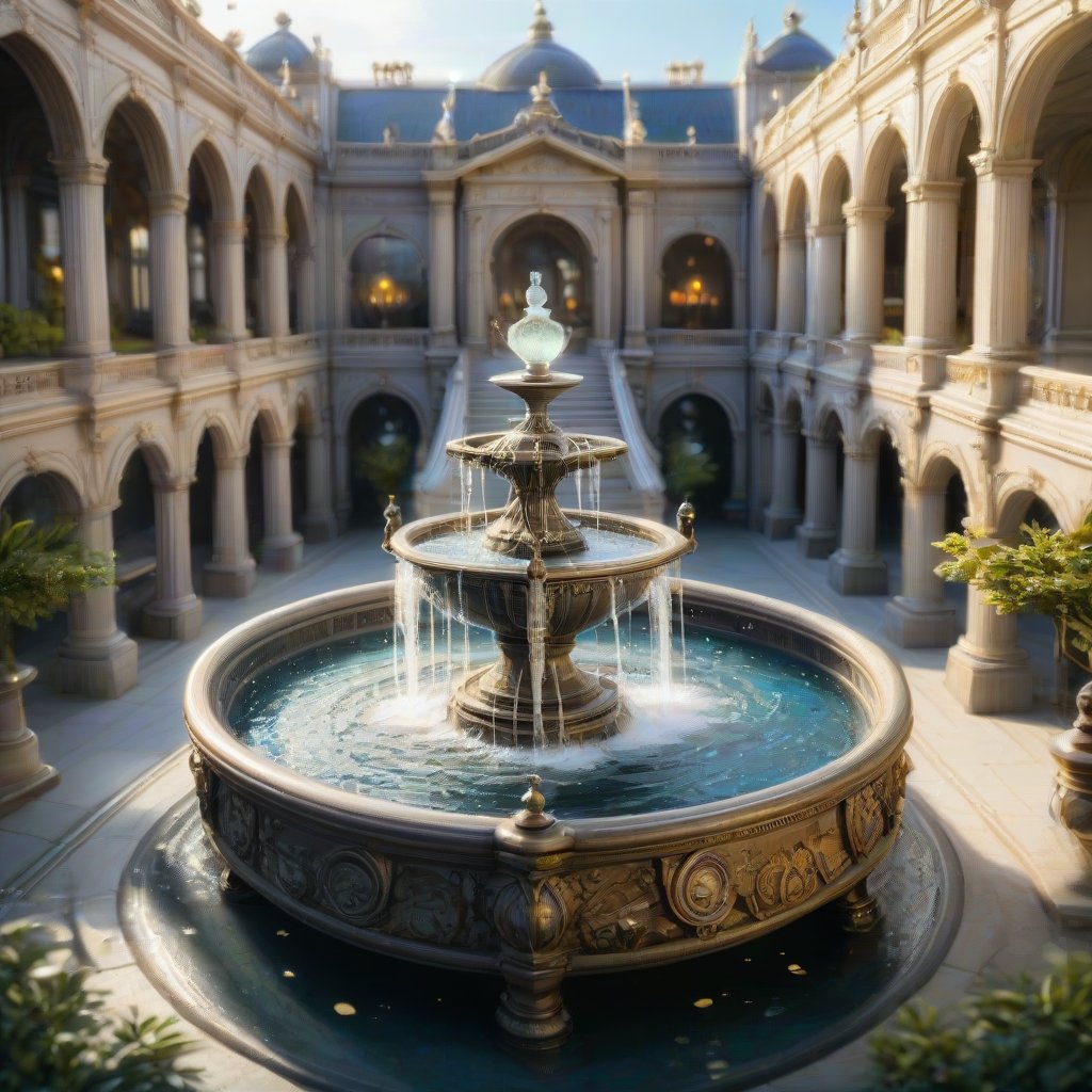 Europe's ultra-luxurious and large-scale palace fountains, artworks, Renaissance, sculptures, isometric, miniature, tilt-shift, architectural textures and building materials are all very detailed. Th3Dru1d5. Birds are taking a bath.
The background is: a large and luxurious palace (the same size as the British Royal Palace), light and shadow.
Super high quality clearly detailed masterpiece. Everyone who saw this scene was amazed.,noc-space