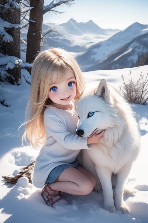 A little girl with blond hair and very fair skin. She is only 4 years old, but she grew up with a snow wolf with white fur and blue eyes. The snow wolf loves the little girl very much. He can put her to sleep and carry her on the grassland. The little girl always smiles happily. The little girl is extremely beautiful, with blue eyes, very lively, and long and thick eyelashes. To make her even more beautiful, she would often roll around on the grass with the snow wolf. The little girl wears all kinds of cute clothes. Outdoors, sunshine, mountains, trees, flowers, birds, butterflies. light and shadow. 