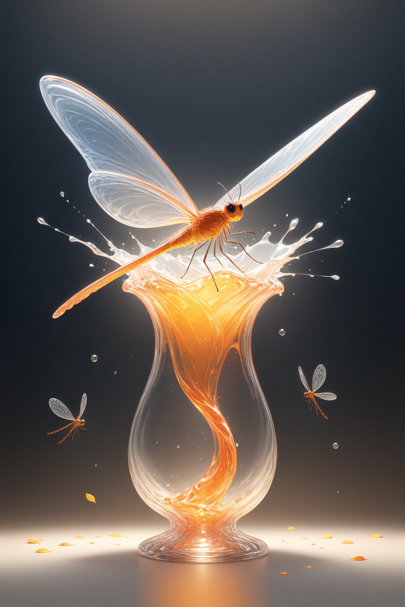 {Elegant crystal glass vase with beautiful curves filled with marbled orange and white liquid forming the shape of a dragonfly. Dragonflies have large wings and texture. Smooth insect silhouettes with wavy, dynamic movement. Pastel petals float around the vase. }